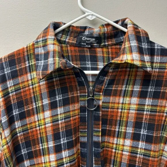 Orange Fashion Village Plus Plaid Half Zip Tunic Top - Picture 2 of 5